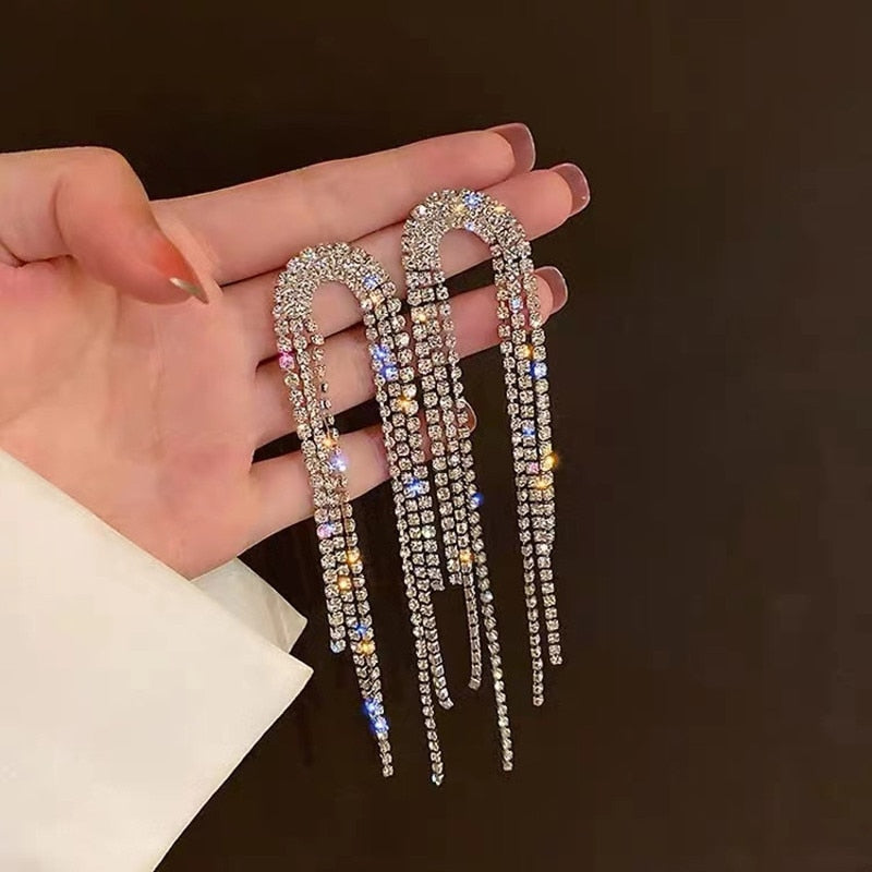 New Luxury Rhinestone Crystal Long Tassel Earrings