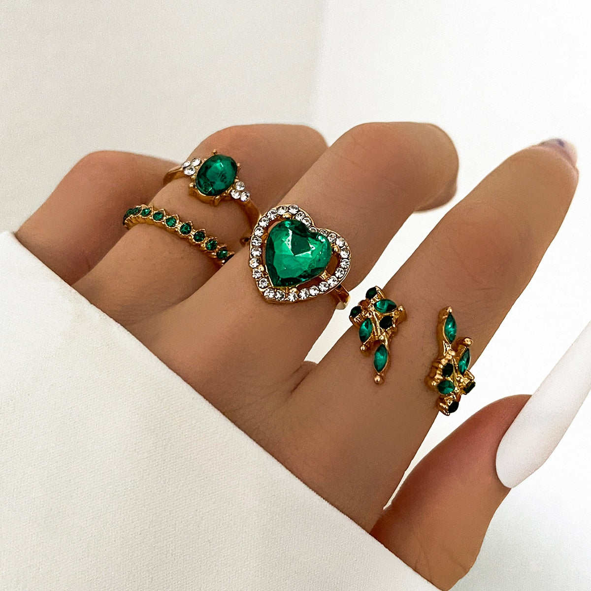 Aprilwell 5Pcs Green Crystal Rings