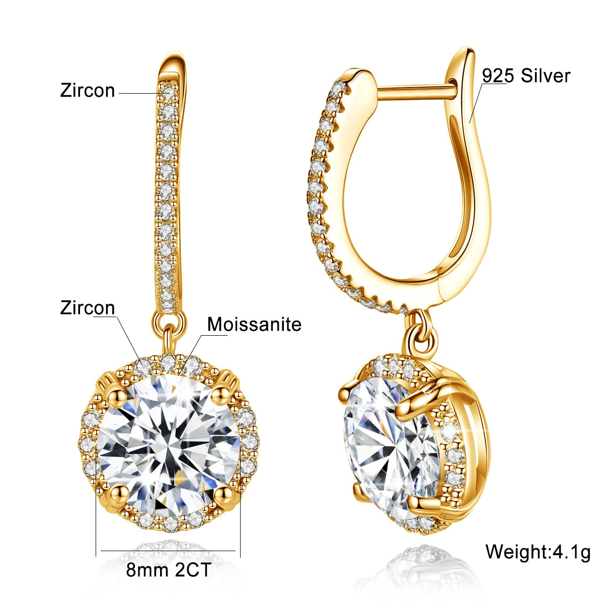 Luxury 4 Carat 8MM Moissanite Dangle Earrings For Women