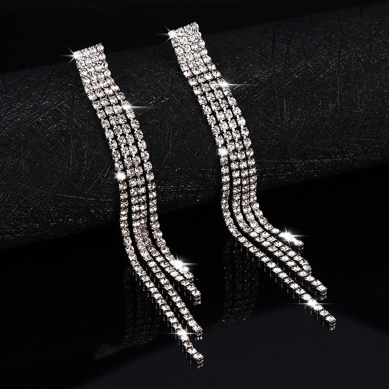 New Luxury Rhinestone Crystal Long Tassel Earrings