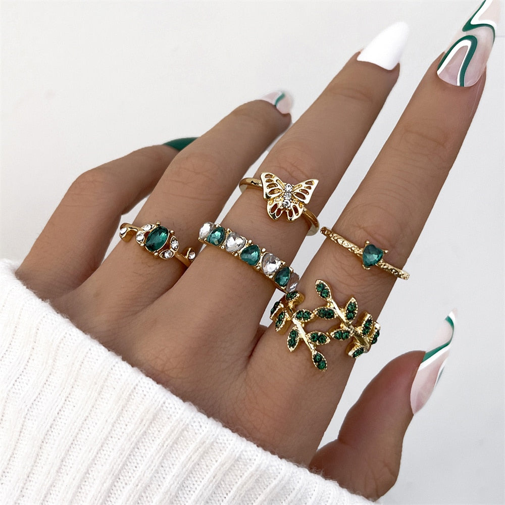 Aprilwell 5Pcs Green Crystal Rings