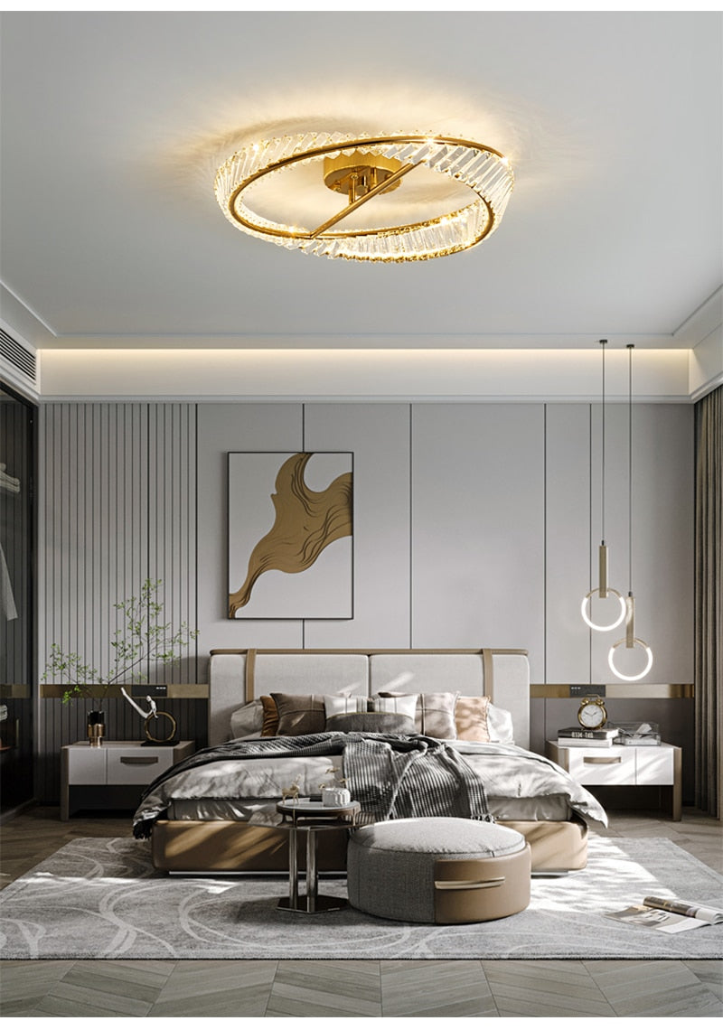 Gold Luxury Stainless Steel Ring Crystal Ceiling Lamp for Bedroom Living Room