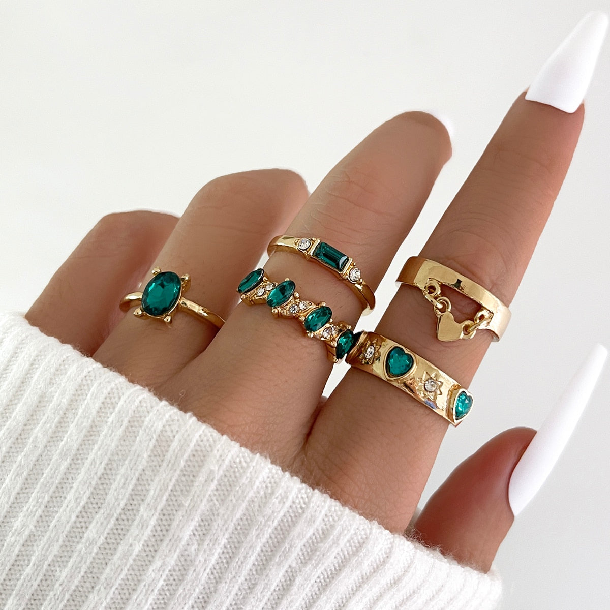 Aprilwell 5Pcs Green Crystal Rings