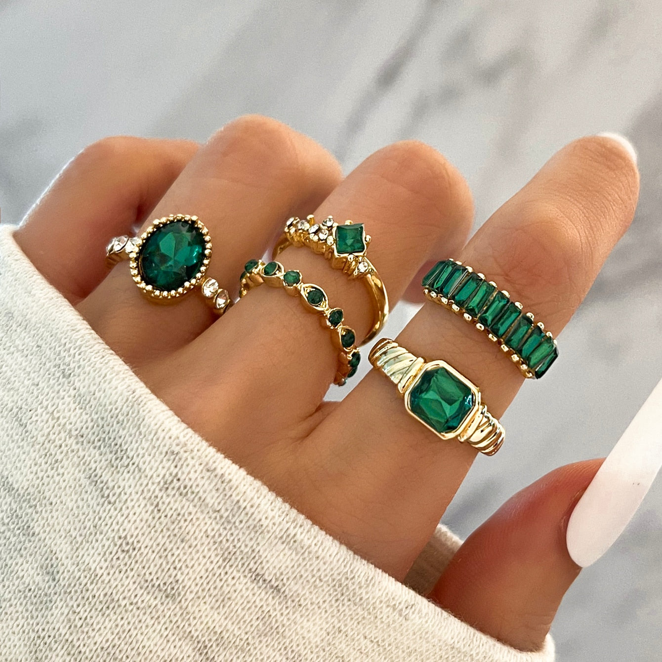 Aprilwell 5Pcs Green Crystal Rings