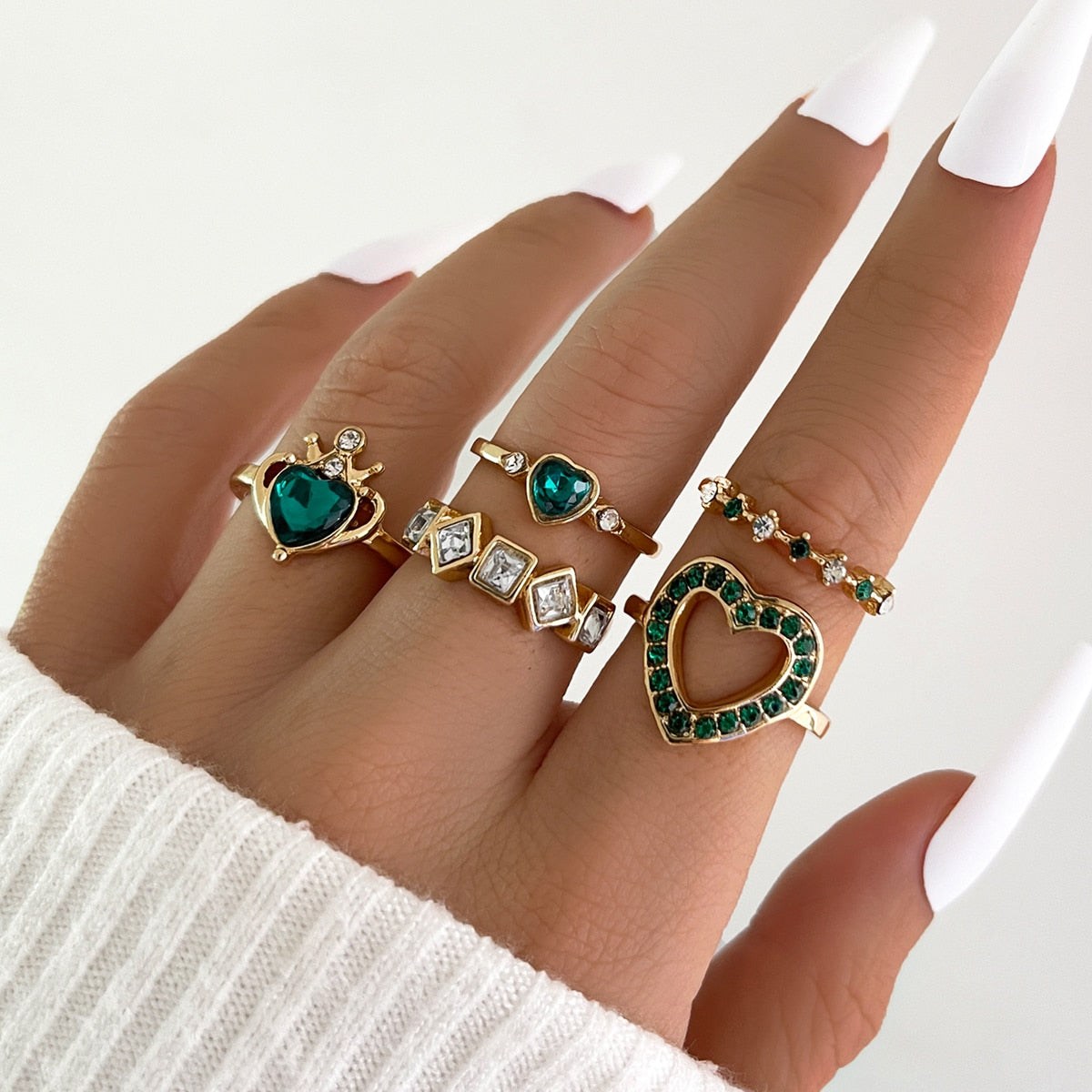 Aprilwell 5Pcs Green Crystal Rings